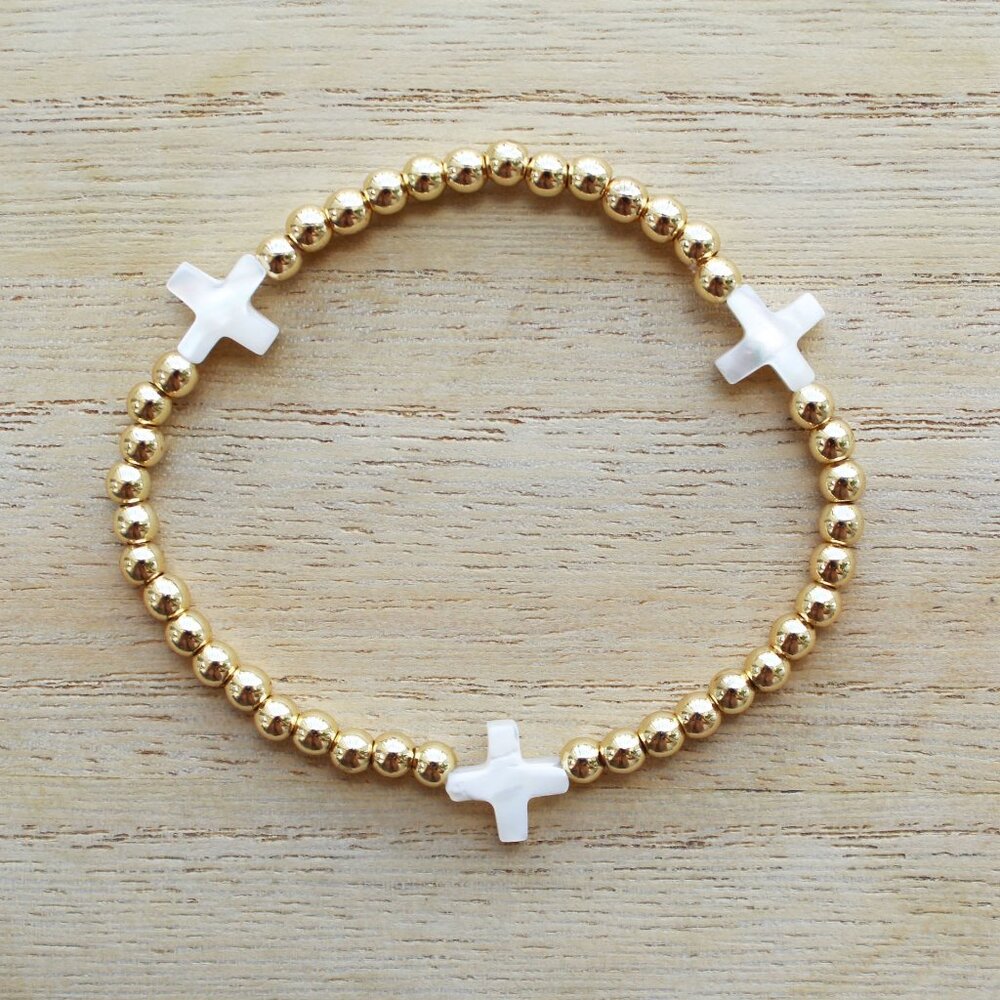 Bracelet Gold filled beads with white cross stretch,no tarnish waterproof shower